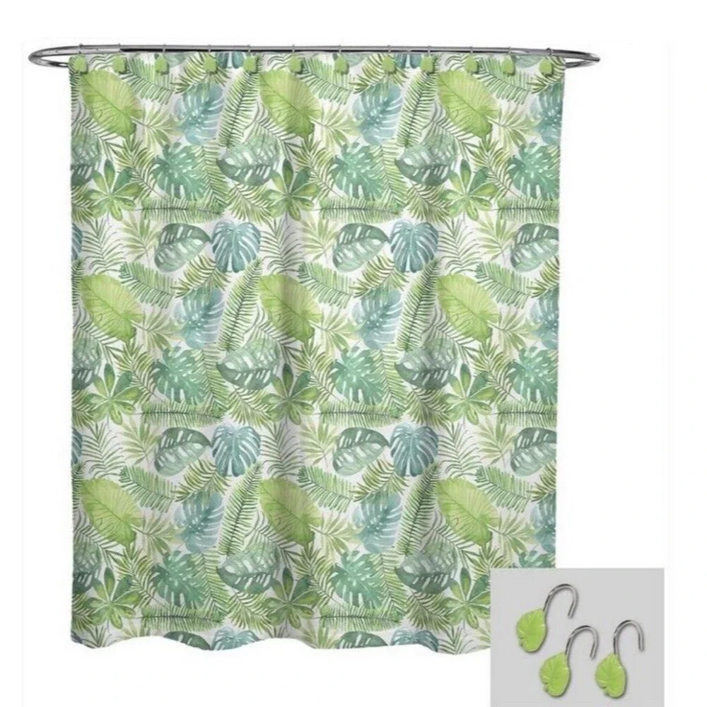 Avanti Palm Leaf Tropical Fabric Shower Curtain & Hook Set Summer Beach House
